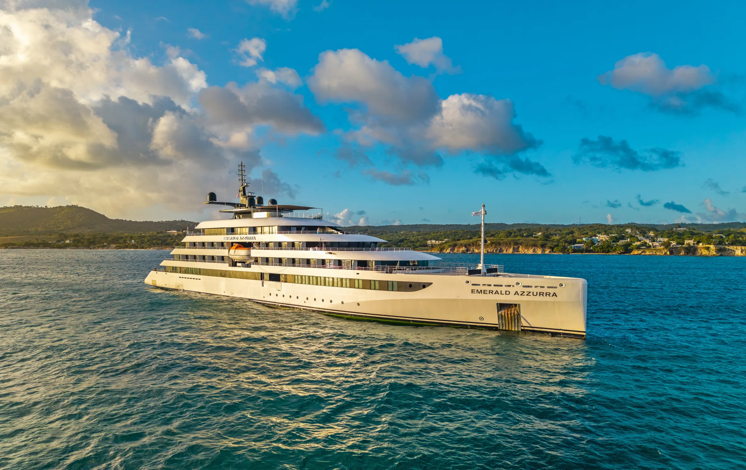Emerald Azzurra Luxury Small Ship Yacht Anchored Off The Coast Near Esperanza Puerto Rico At Sunset